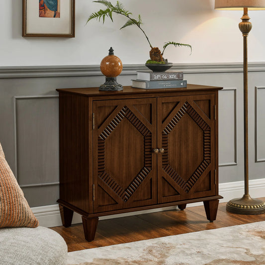 33.6' Retro Wooden Sideboard Buffet Cabinet with Storage, Symmetrical Geometric Accent Display Cabinets, Media Console Credenza for Living Room/Entryway/Dining Room/Kitchen, Walnut detail view 2