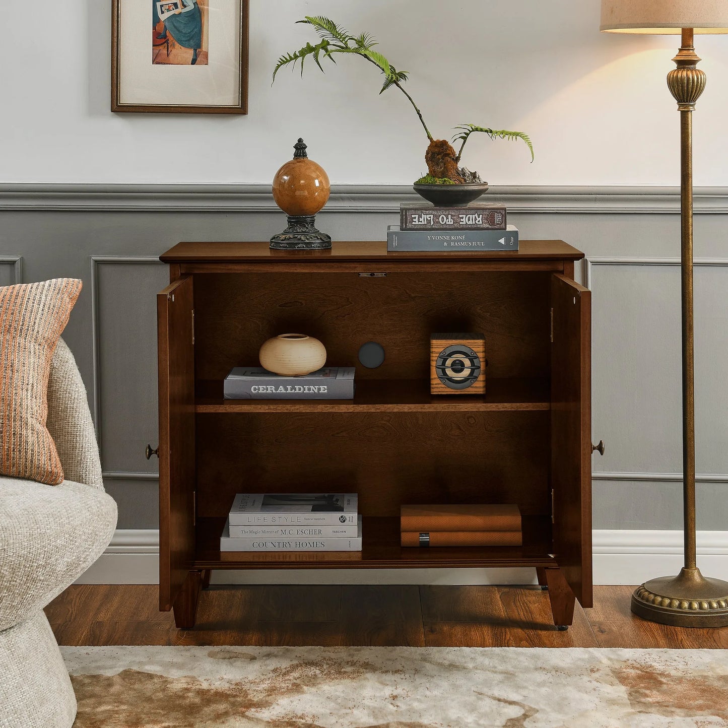 33.6' Retro Wooden Sideboard Buffet Cabinet with Storage, Symmetrical Geometric Accent Display Cabinets, Media Console Credenza for Living Room/Entryway/Dining Room/Kitchen, Walnut detail view 3
