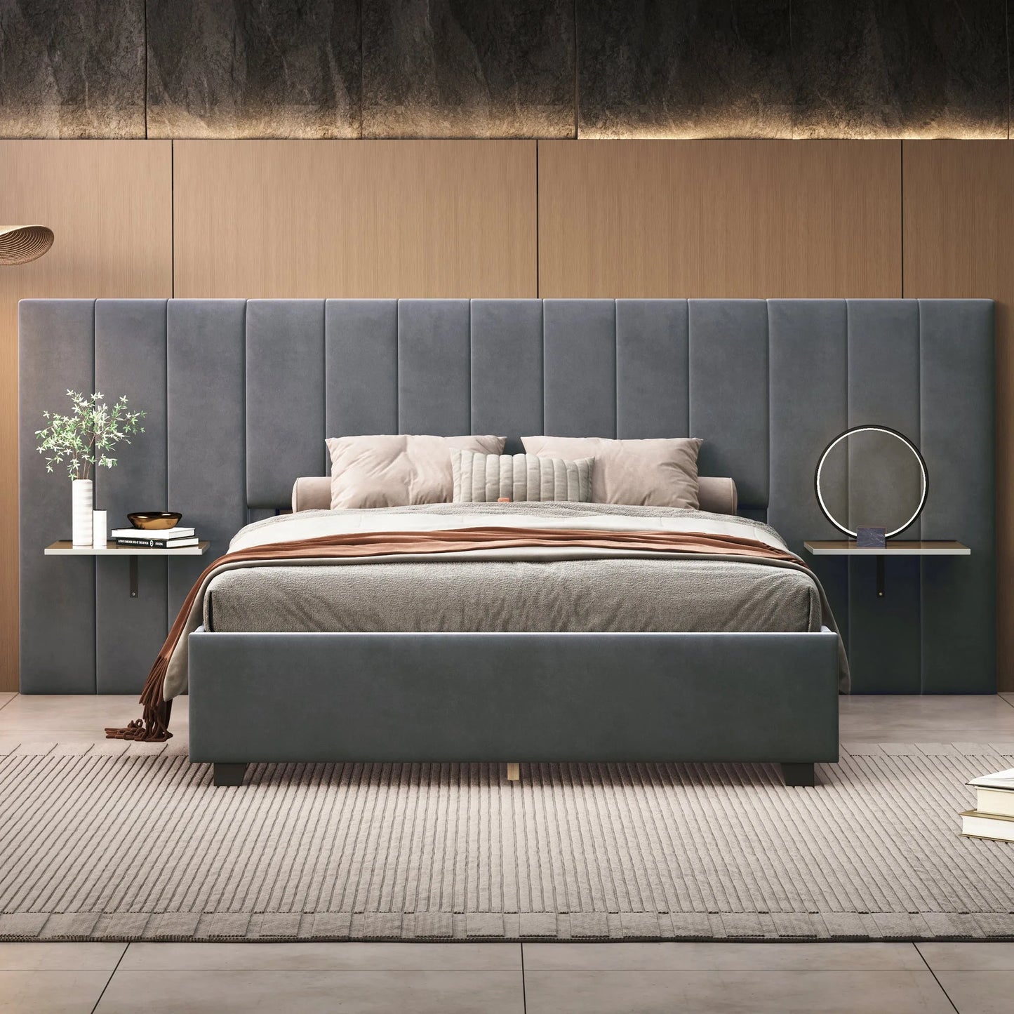 Queen Size Upholstered Platform Bed with Big Headboard, Bedroom Furniture, Velvet, Gray lifestyle view
