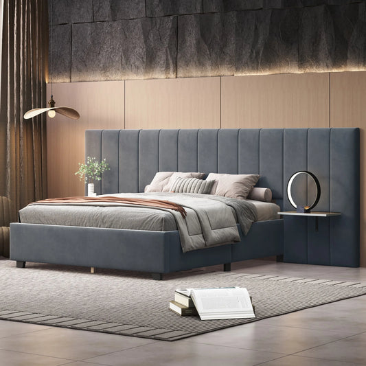 Queen Size Upholstered Platform Bed with Big Headboard, Bedroom Furniture, Velvet, Gray detail view 2