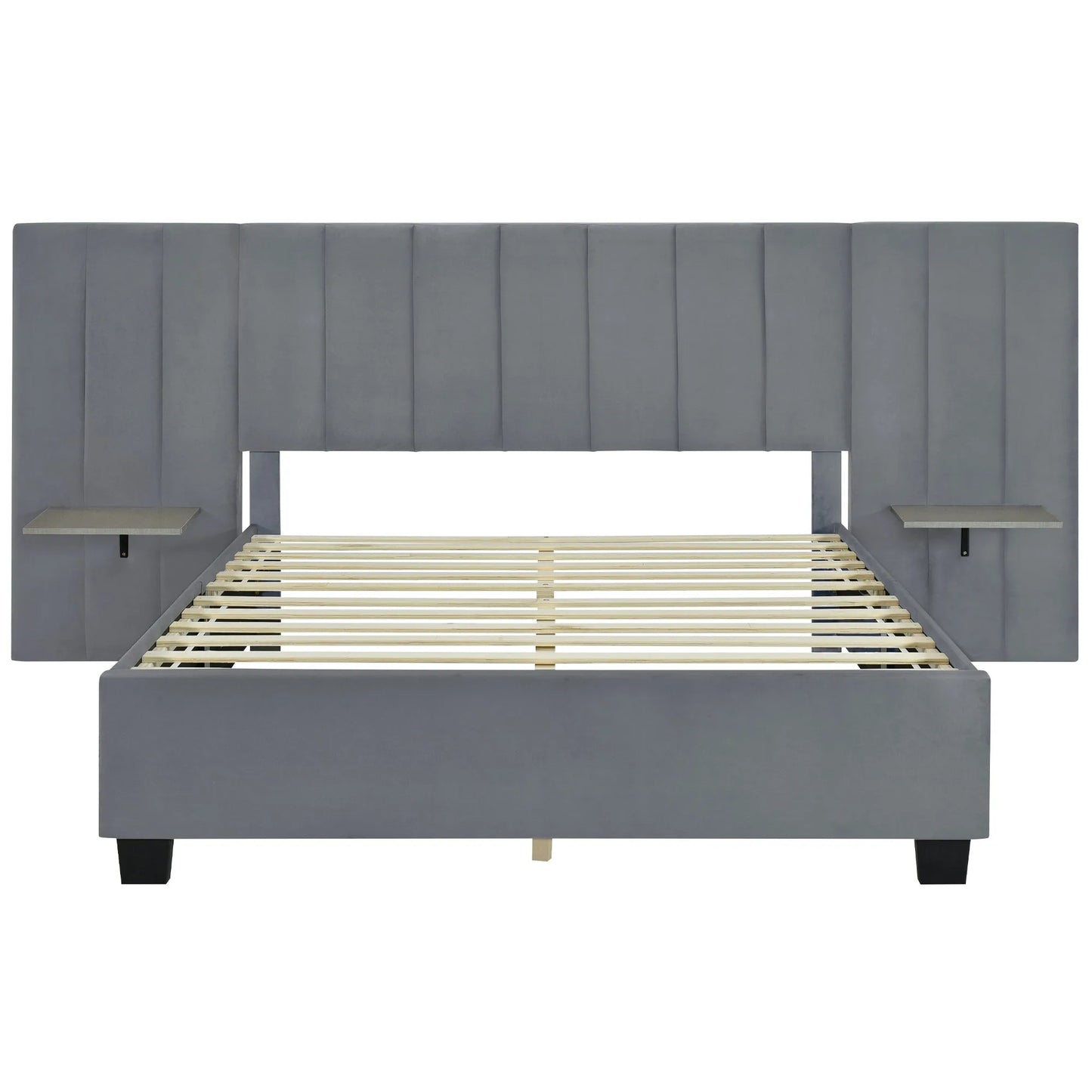 Queen Size Upholstered Platform Bed with Big Headboard, Bedroom Furniture, Velvet, Gray detail view 3