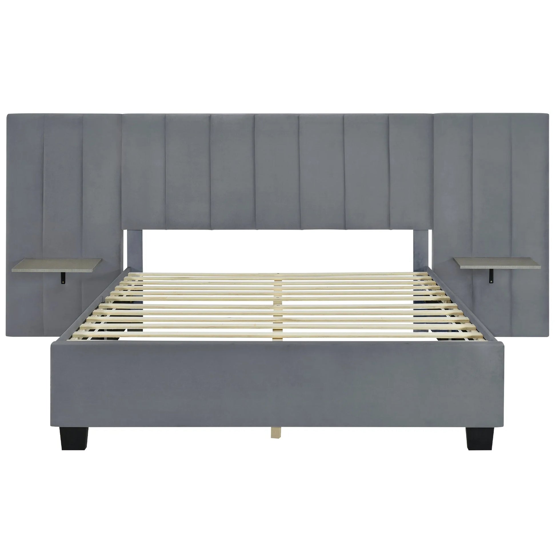 Queen Size Upholstered Platform Bed with Big Headboard, Bedroom Furniture, Velvet, Gray detail view 3
