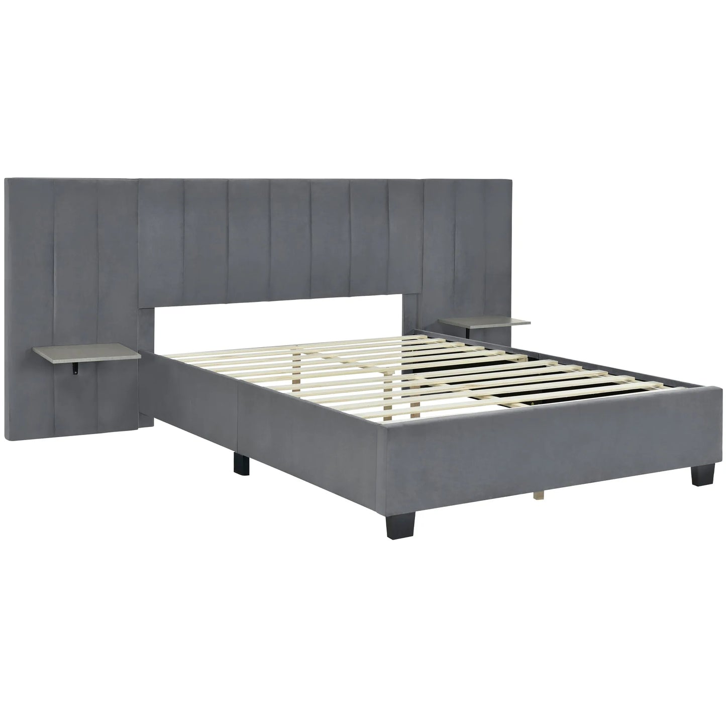 Queen Size Upholstered Platform Bed with Big Headboard, Bedroom Furniture, Velvet, Gray detail view 4