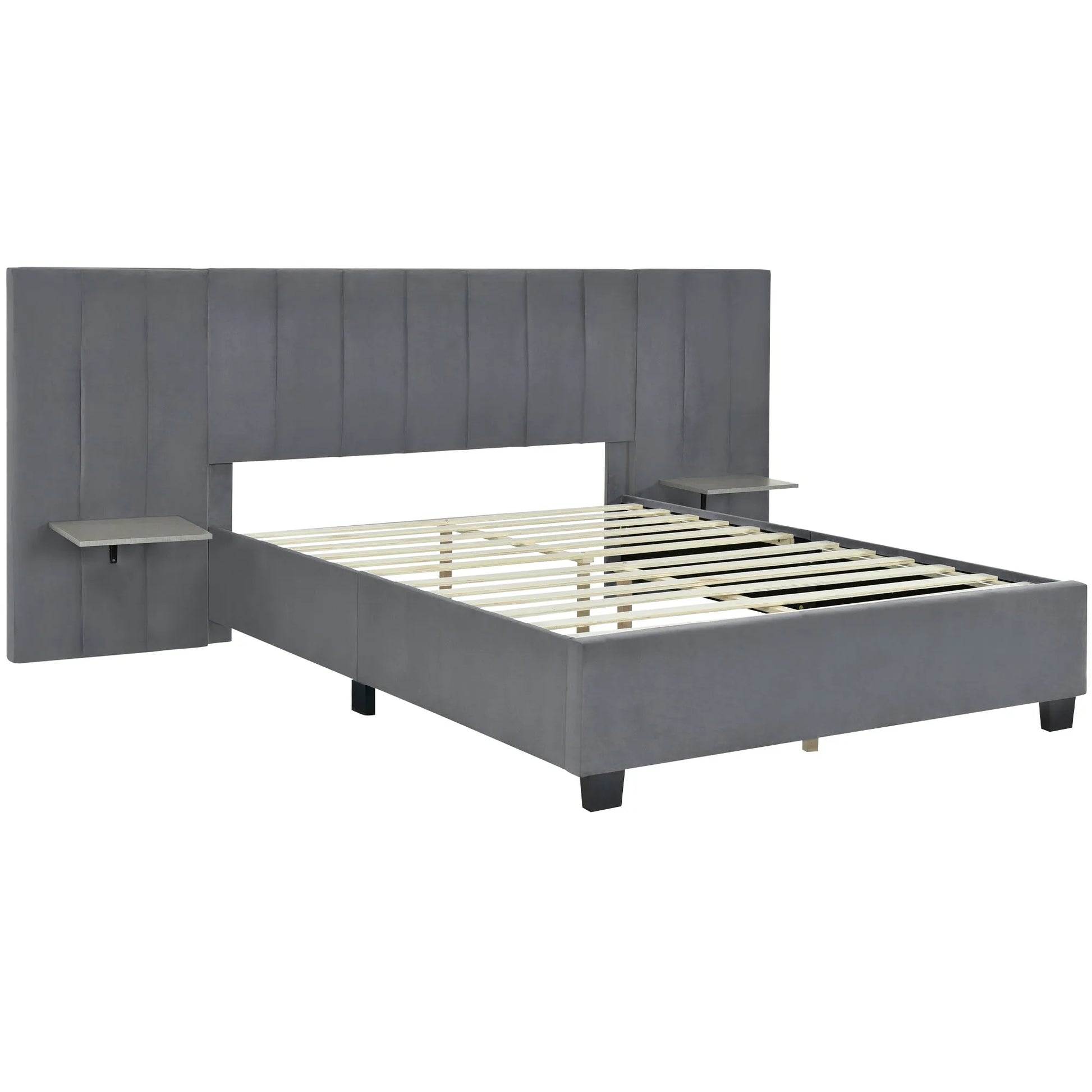 Queen Size Upholstered Platform Bed with Big Headboard, Bedroom Furniture, Velvet, Gray detail view 4
