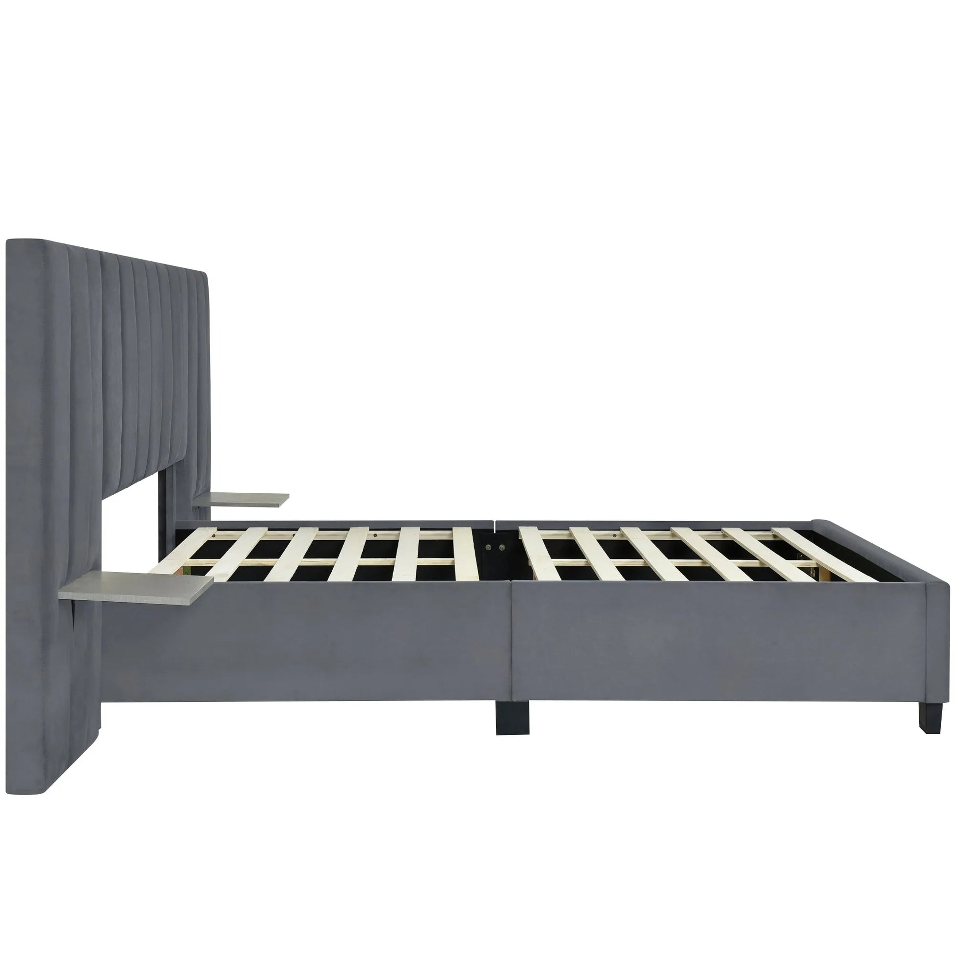 Queen Size Upholstered Platform Bed with Big Headboard, Bedroom Furniture, Velvet, Gray detail view 5