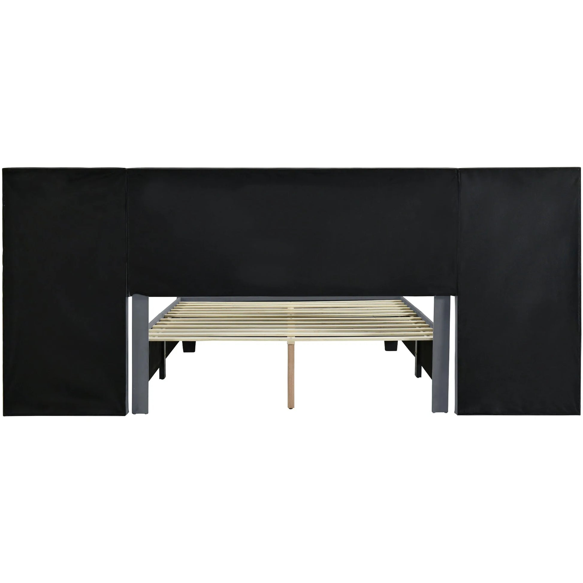 Queen Size Upholstered Platform Bed with Big Headboard, Bedroom Furniture, Velvet, Gray detail view 6