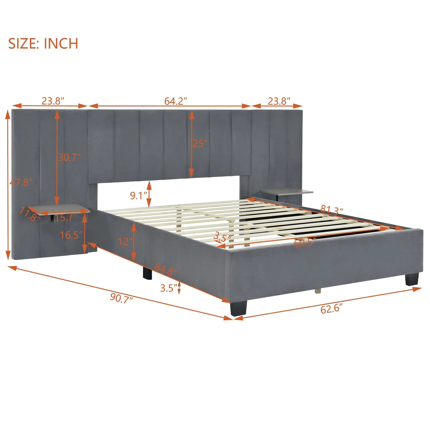 Queen Size Upholstered Platform Bed with Big Headboard, Bedroom Furniture, Velvet, Gray detail view 7