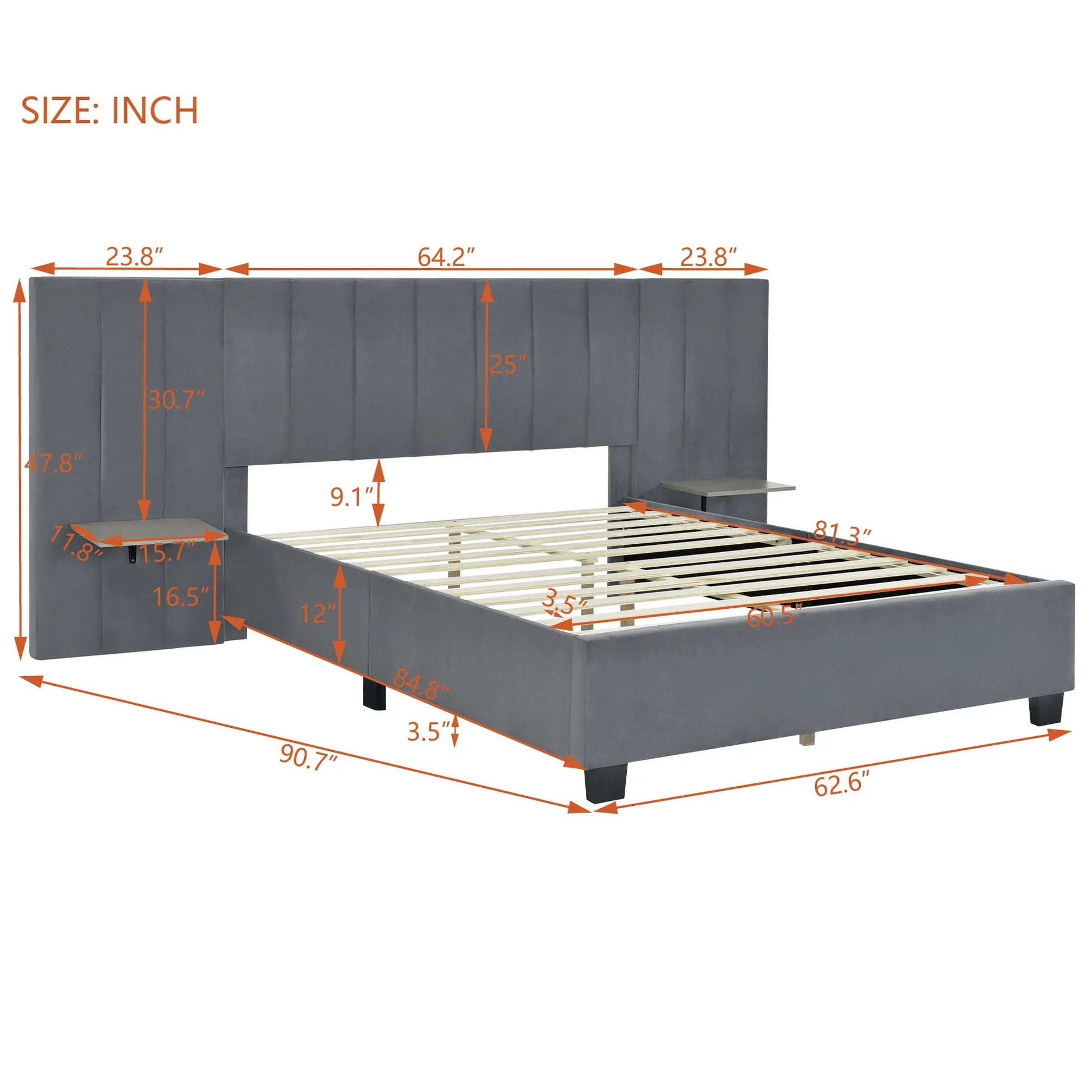 Queen Size Upholstered Platform Bed with Big Headboard, Bedroom Furniture, Velvet, Gray detail view 7