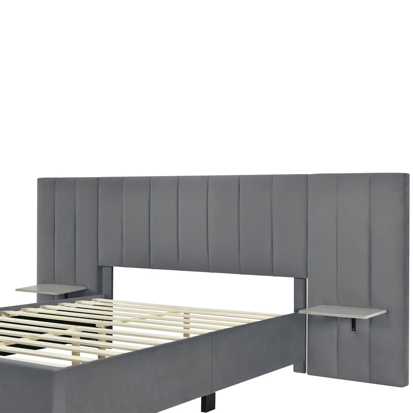 Queen Size Upholstered Platform Bed with Big Headboard, Bedroom Furniture, Velvet, Gray detail view 8