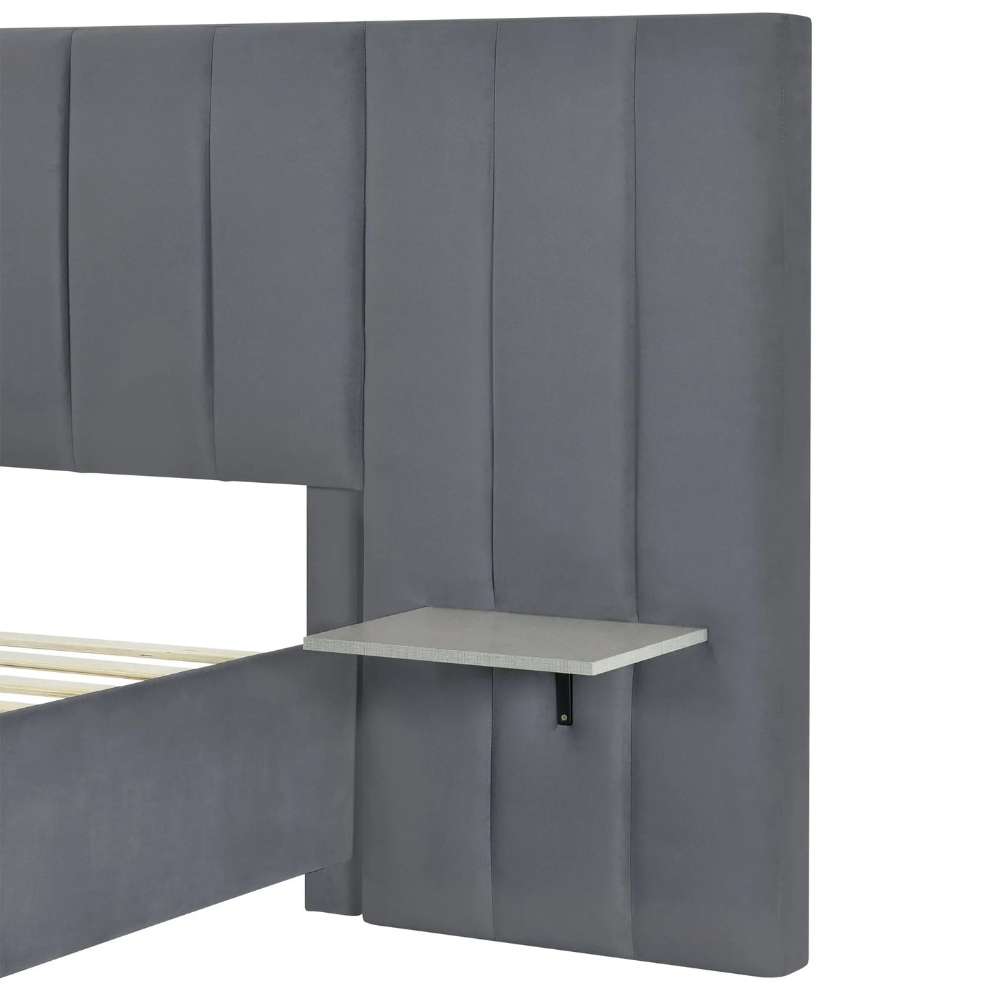 Queen Size Upholstered Platform Bed with Big Headboard, Bedroom Furniture, Velvet, Gray detail view 9