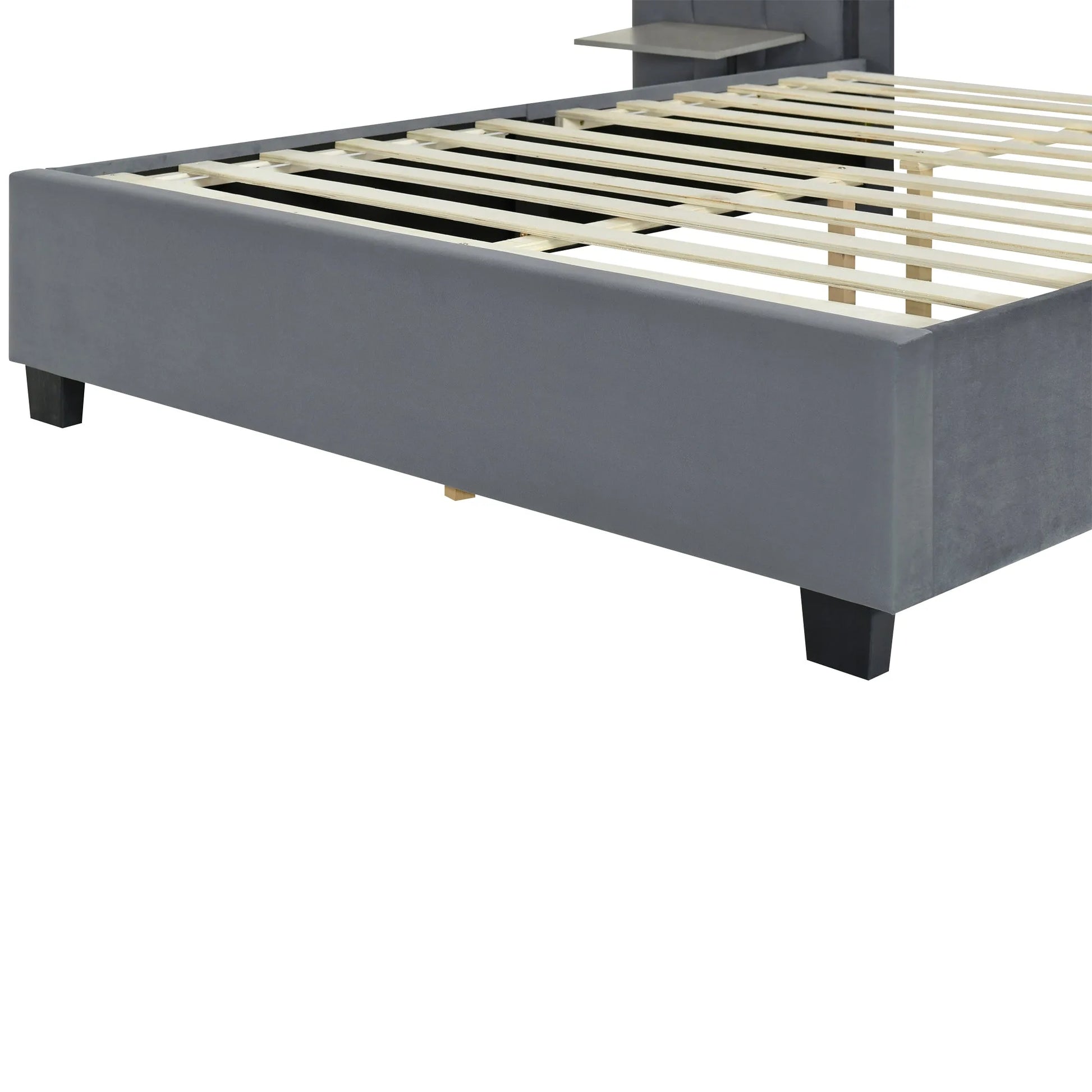 Queen Size Upholstered Platform Bed with Big Headboard, Bedroom Furniture, Velvet, Gray detail view 10