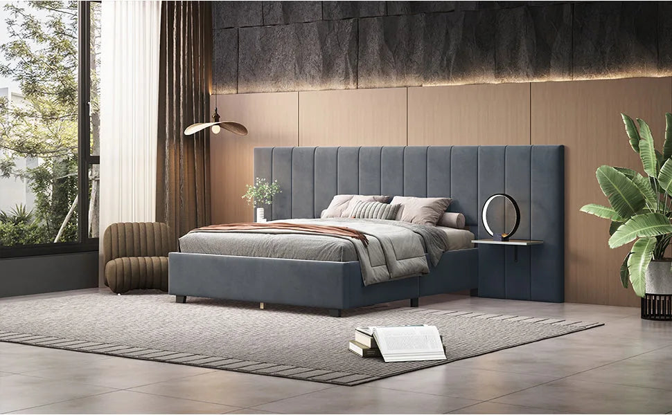 Queen Size Upholstered Platform Bed with Big Headboard, Bedroom Furniture, Velvet, Gray detail view 12