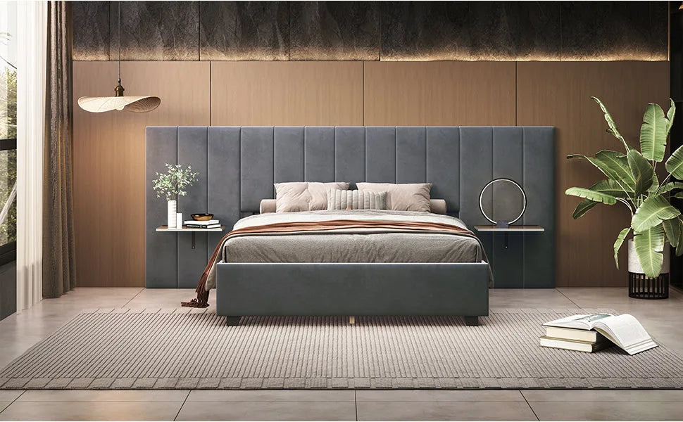 Queen Size Upholstered Platform Bed with Big Headboard, Bedroom Furniture, Velvet, Gray detail view 13