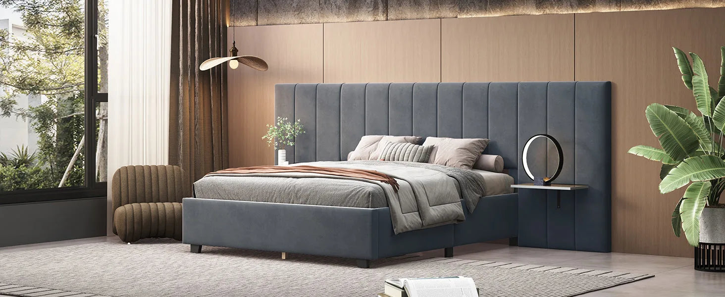Queen Size Upholstered Platform Bed with Big Headboard, Bedroom Furniture, Velvet, Gray detail view 14