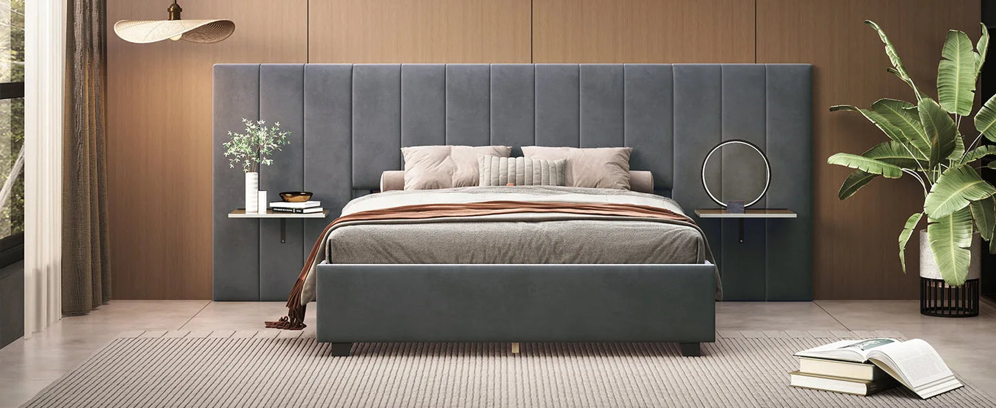 Queen Size Upholstered Platform Bed with Big Headboard, Bedroom Furniture, Velvet, Gray detail view 15