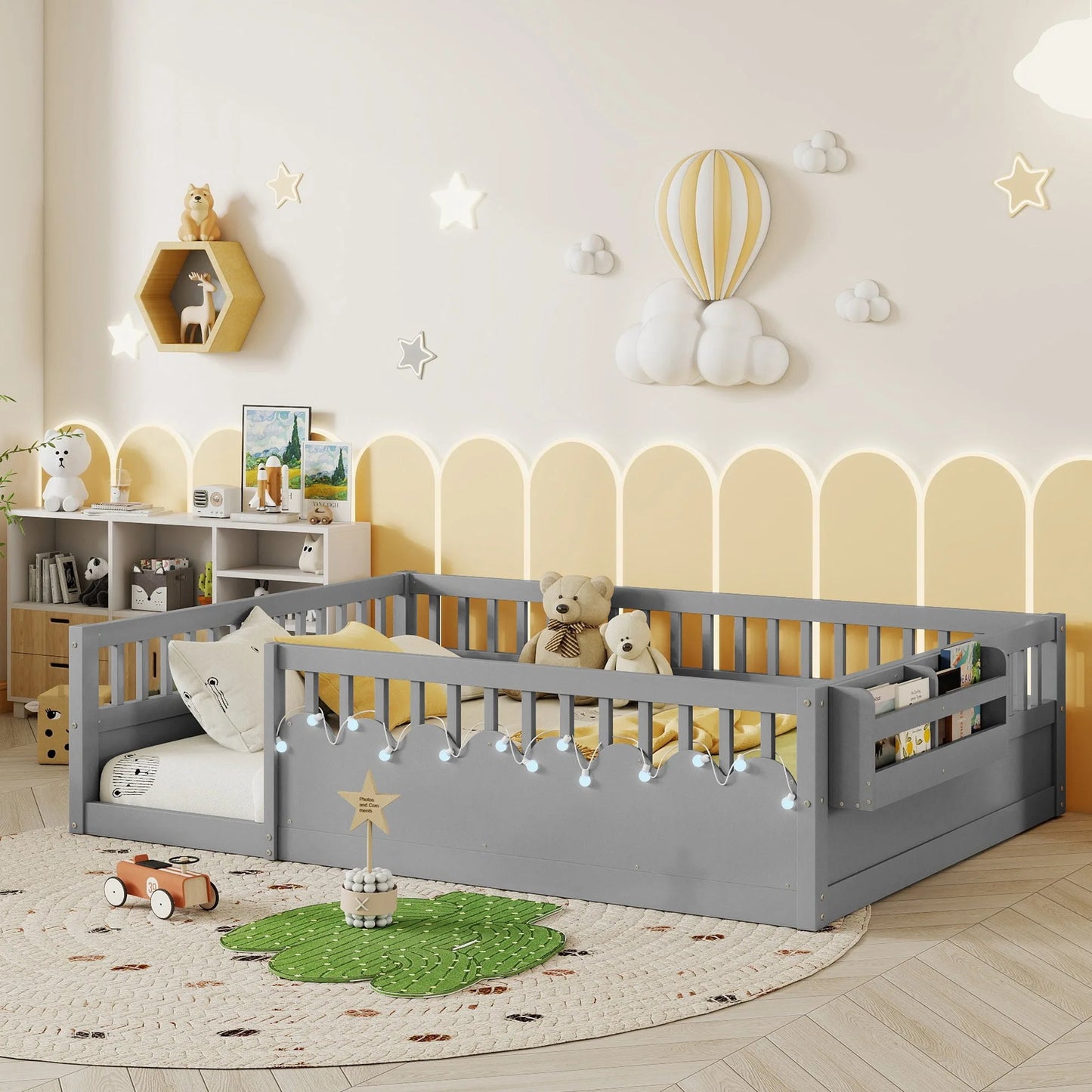 Full Montessori Floor Bed Frame with High Rails, Wood Kids Floor Beds with Light and Storage Shelf, Gray lifestyle view