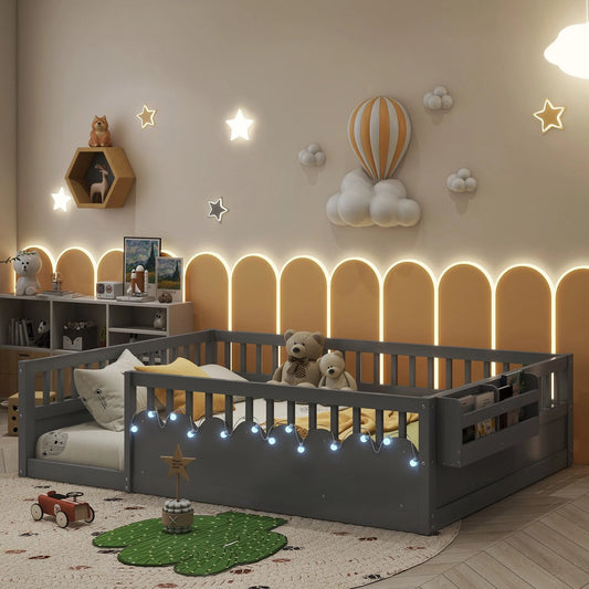 Full Montessori Floor Bed Frame with High Rails, Wood Kids Floor Beds with Light and Storage Shelf, Gray detail view 2