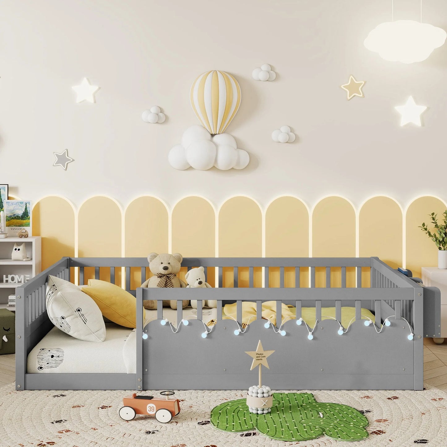 Full Montessori Floor Bed Frame with High Rails, Wood Kids Floor Beds with Light and Storage Shelf, Gray detail view 3
