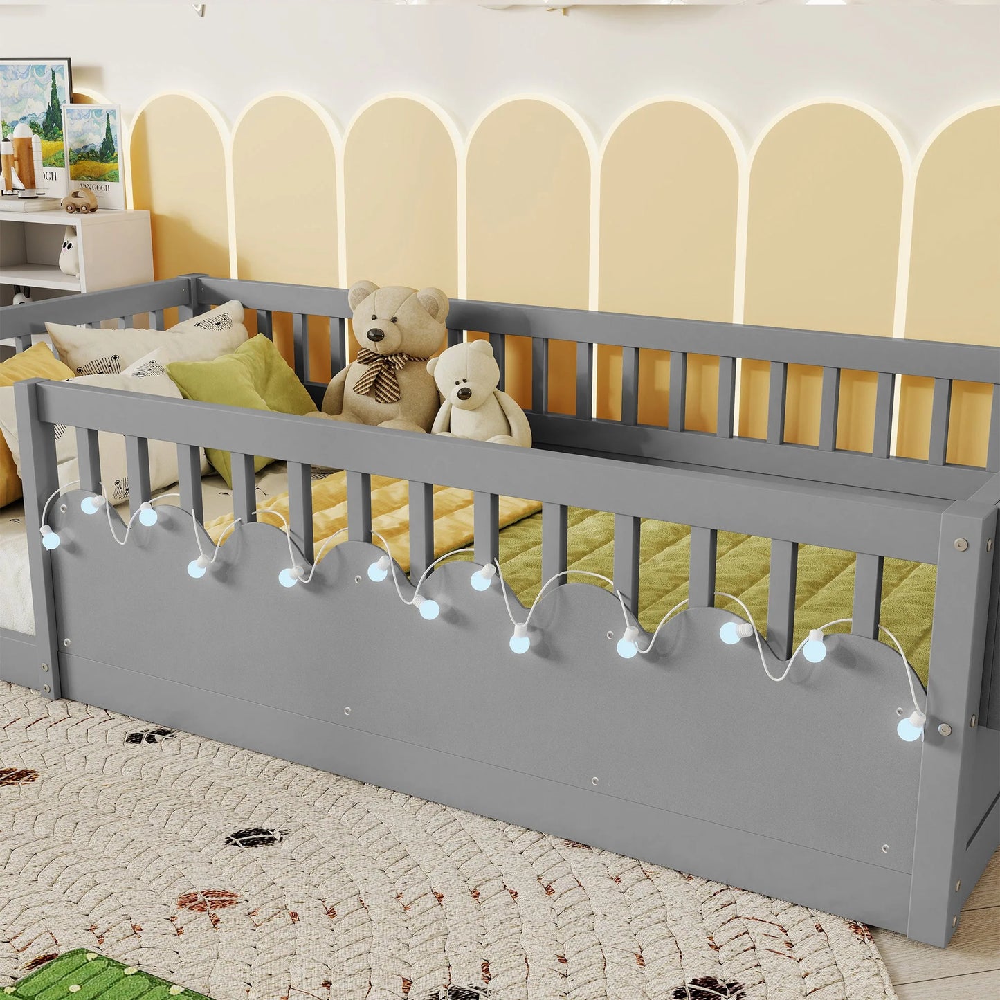 Full Montessori Floor Bed Frame with High Rails, Wood Kids Floor Beds with Light and Storage Shelf, Gray detail view 4
