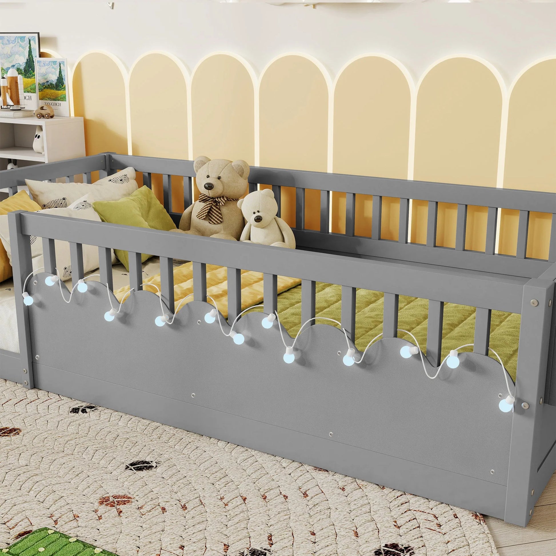 Full Montessori Floor Bed Frame with High Rails, Wood Kids Floor Beds with Light and Storage Shelf, Gray detail view 4