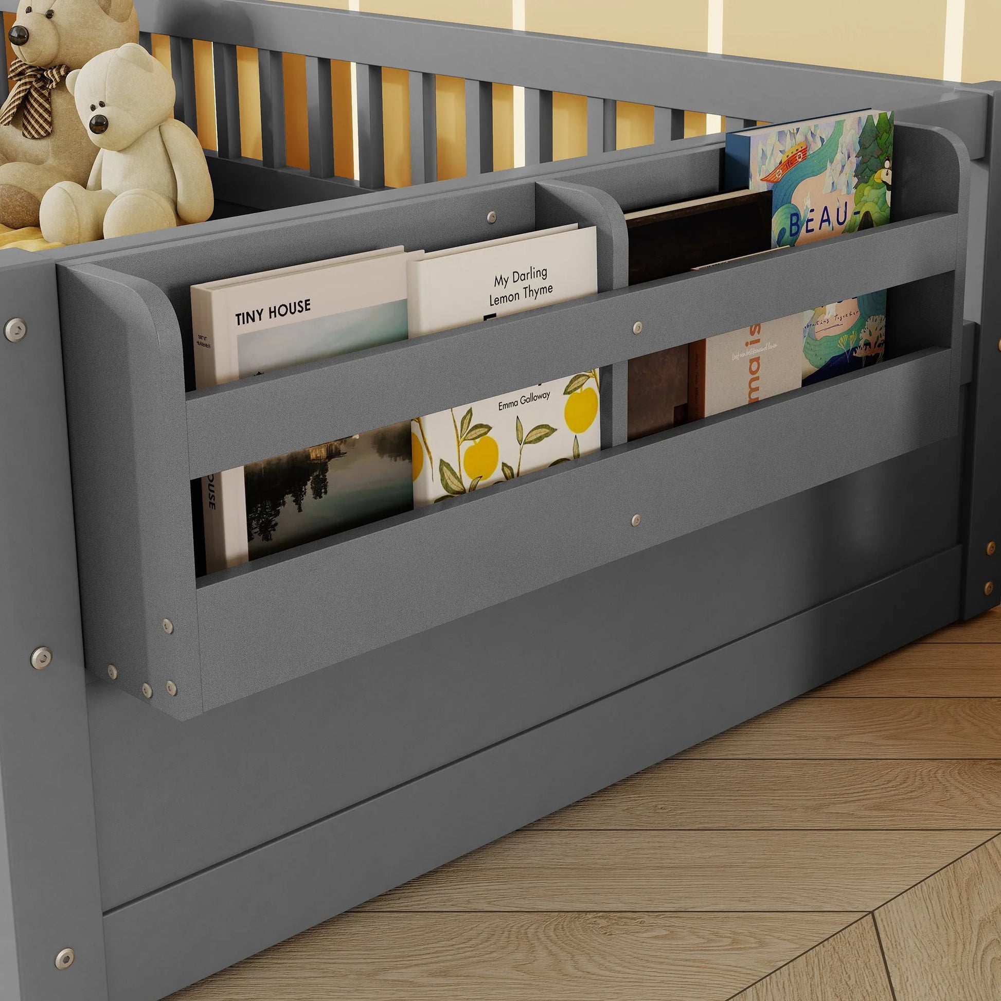 Full Montessori Floor Bed Frame with High Rails, Wood Kids Floor Beds with Light and Storage Shelf, Gray detail view 5