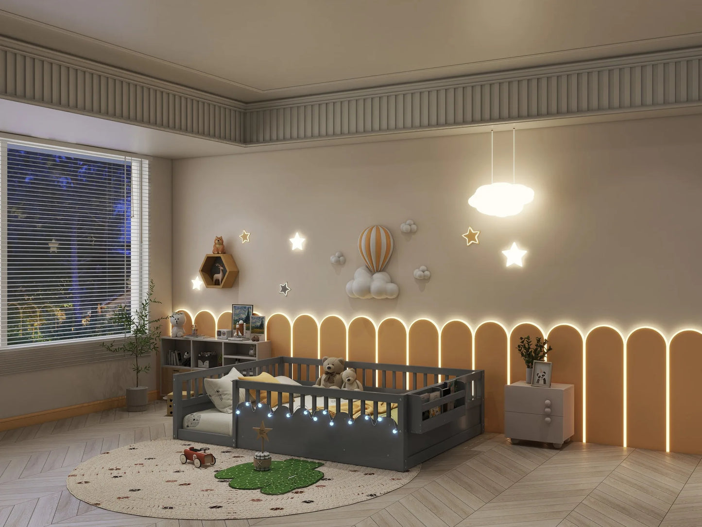 Full Montessori Floor Bed Frame with High Rails, Wood Kids Floor Beds with Light and Storage Shelf, Gray detail view 6