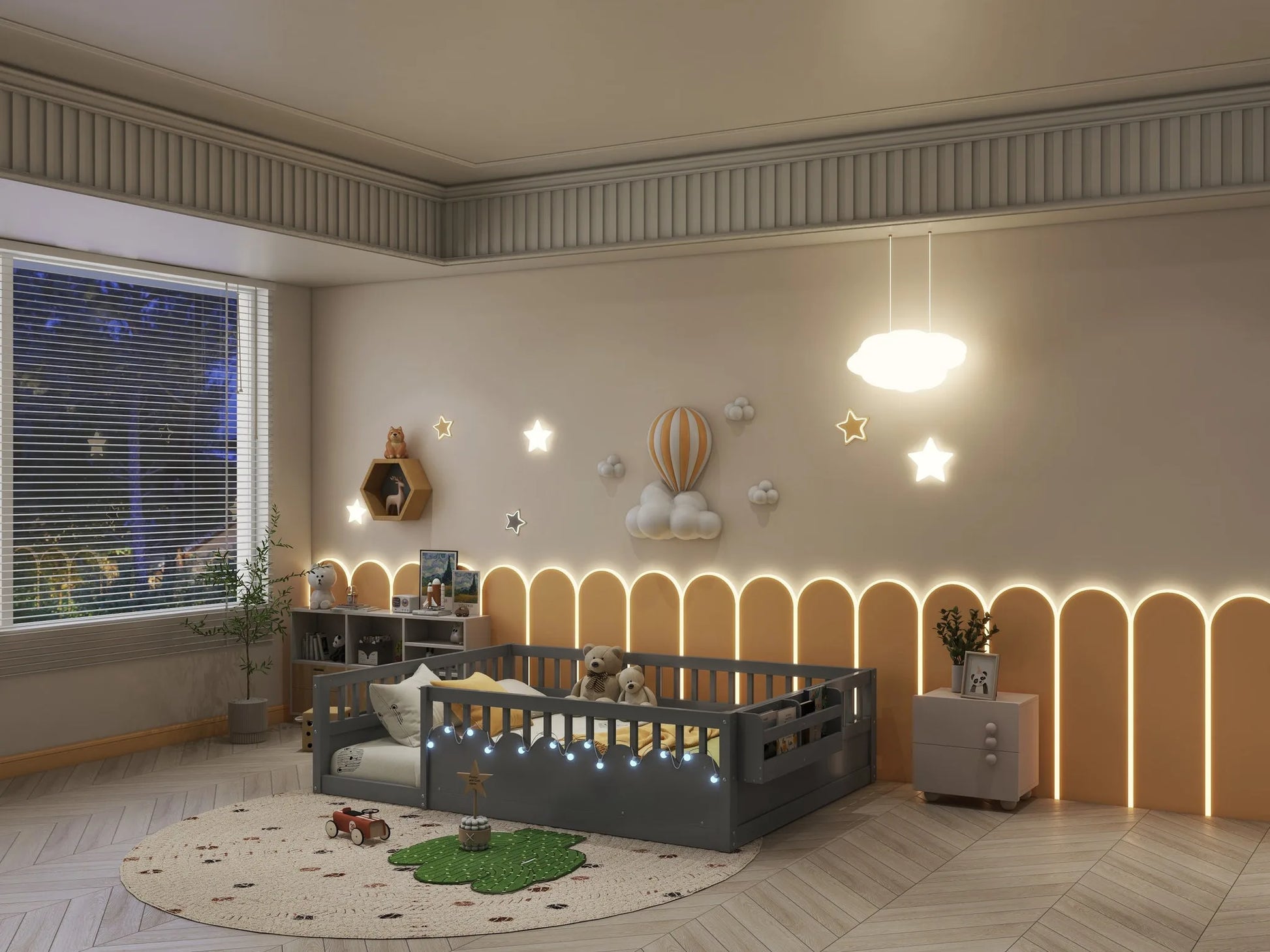 Full Montessori Floor Bed Frame with High Rails, Wood Kids Floor Beds with Light and Storage Shelf, Gray detail view 6