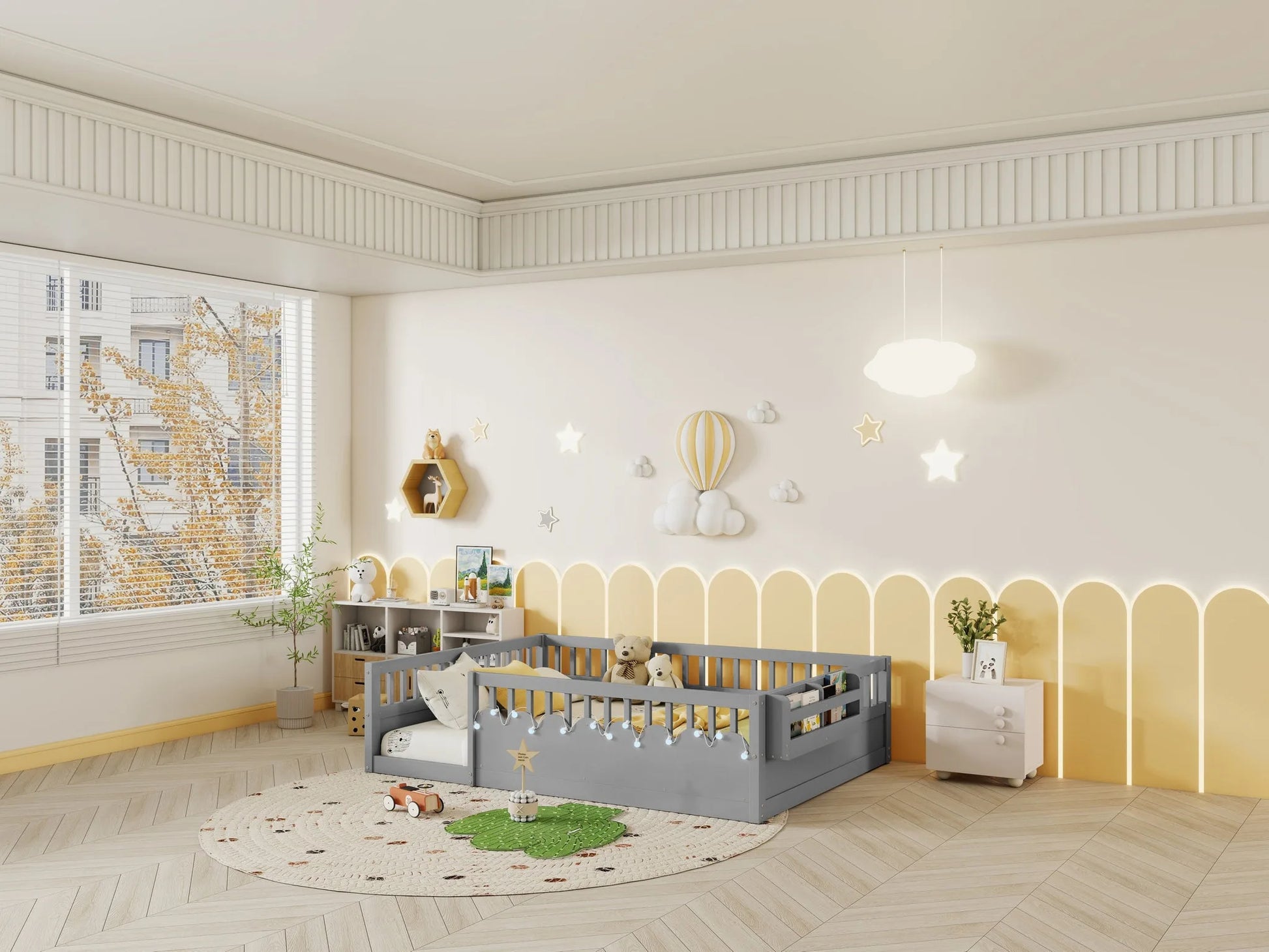 Full Montessori Floor Bed Frame with High Rails, Wood Kids Floor Beds with Light and Storage Shelf, Gray detail view 7