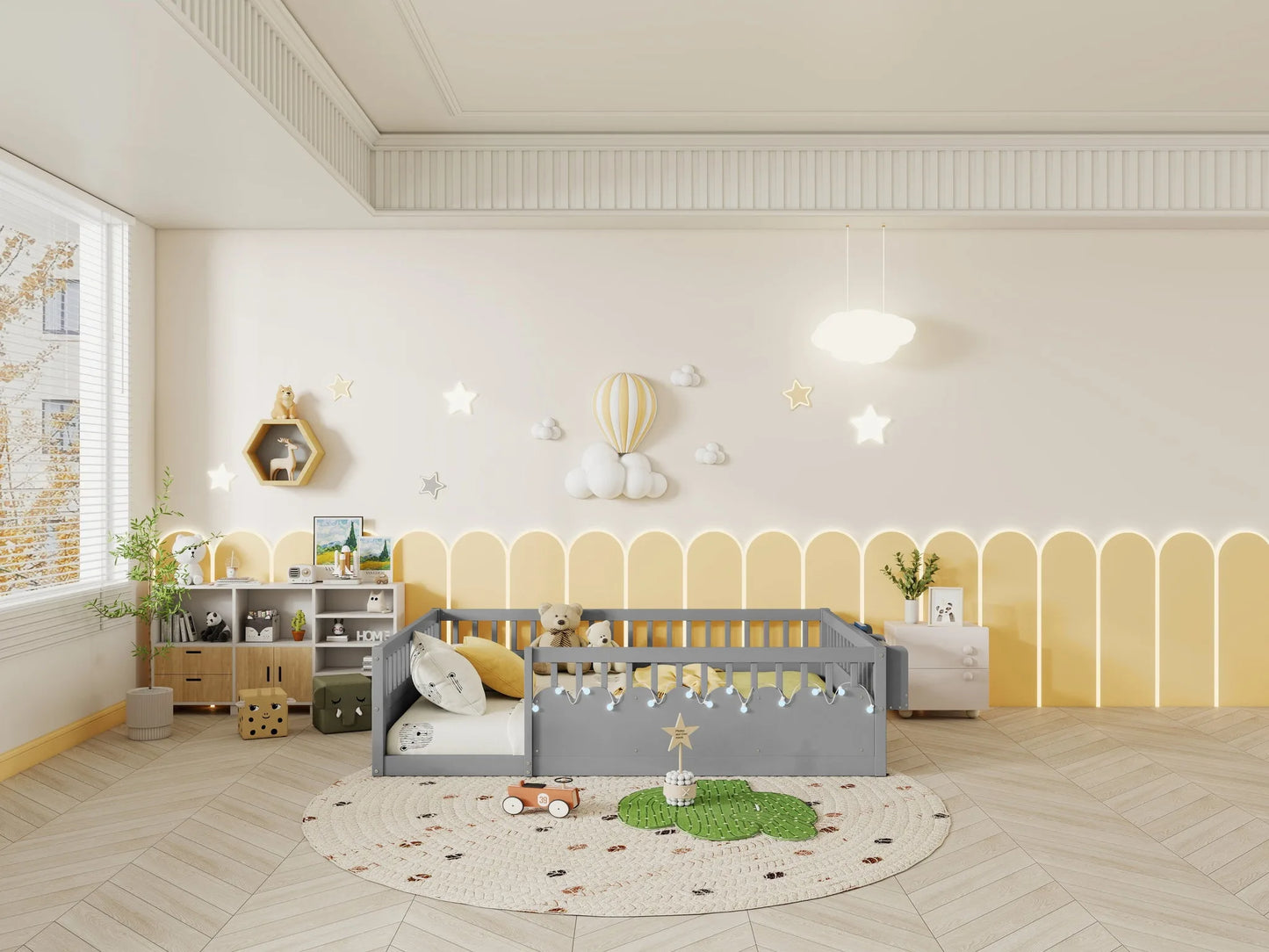 Full Montessori Floor Bed Frame with High Rails, Wood Kids Floor Beds with Light and Storage Shelf, Gray detail view 8