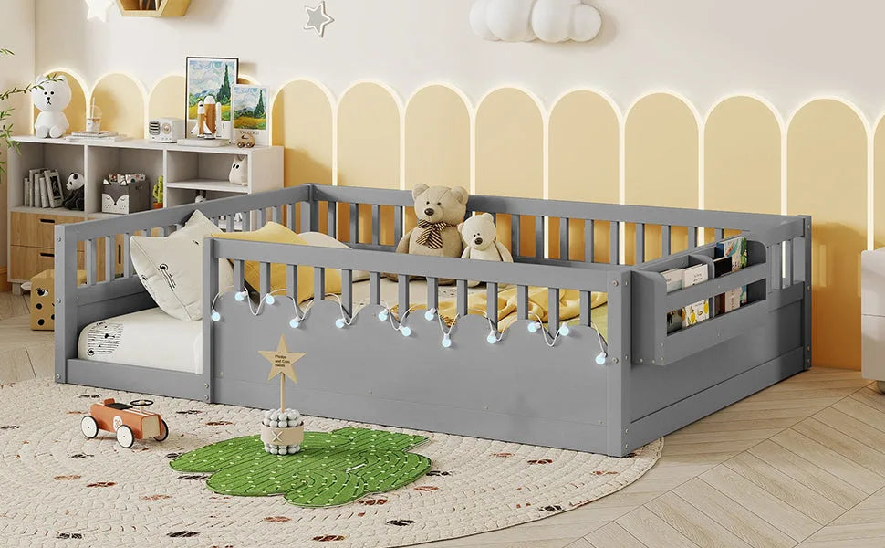 Full Montessori Floor Bed Frame with High Rails, Wood Kids Floor Beds with Light and Storage Shelf, Gray detail view 9