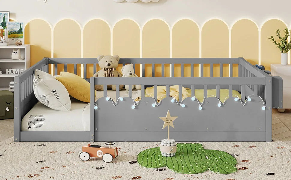 Full Montessori Floor Bed Frame with High Rails, Wood Kids Floor Beds with Light and Storage Shelf, Gray detail view 10