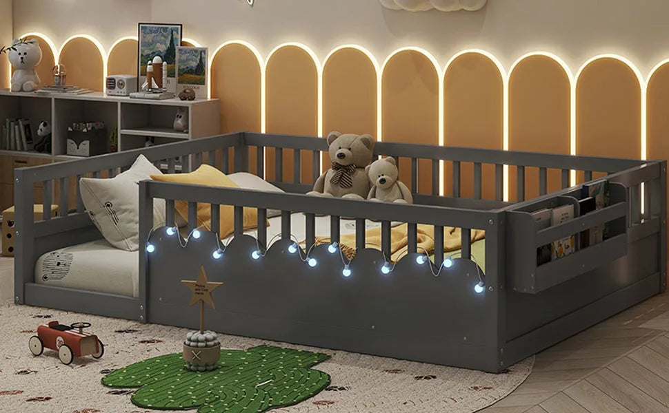 Full Montessori Floor Bed Frame with High Rails, Wood Kids Floor Beds with Light and Storage Shelf, Gray detail view 11