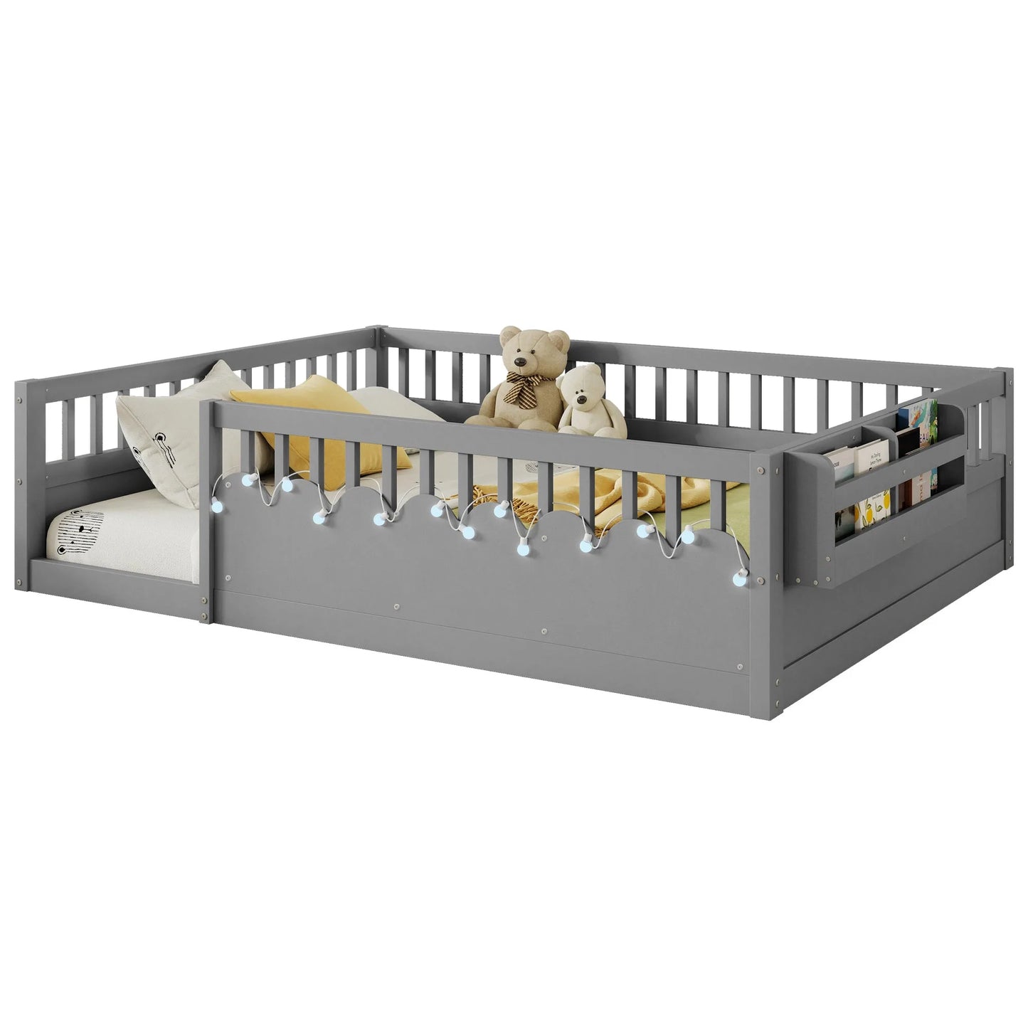 Full Montessori Floor Bed Frame with High Rails, Wood Kids Floor Beds with Light and Storage Shelf, Gray detail view 12