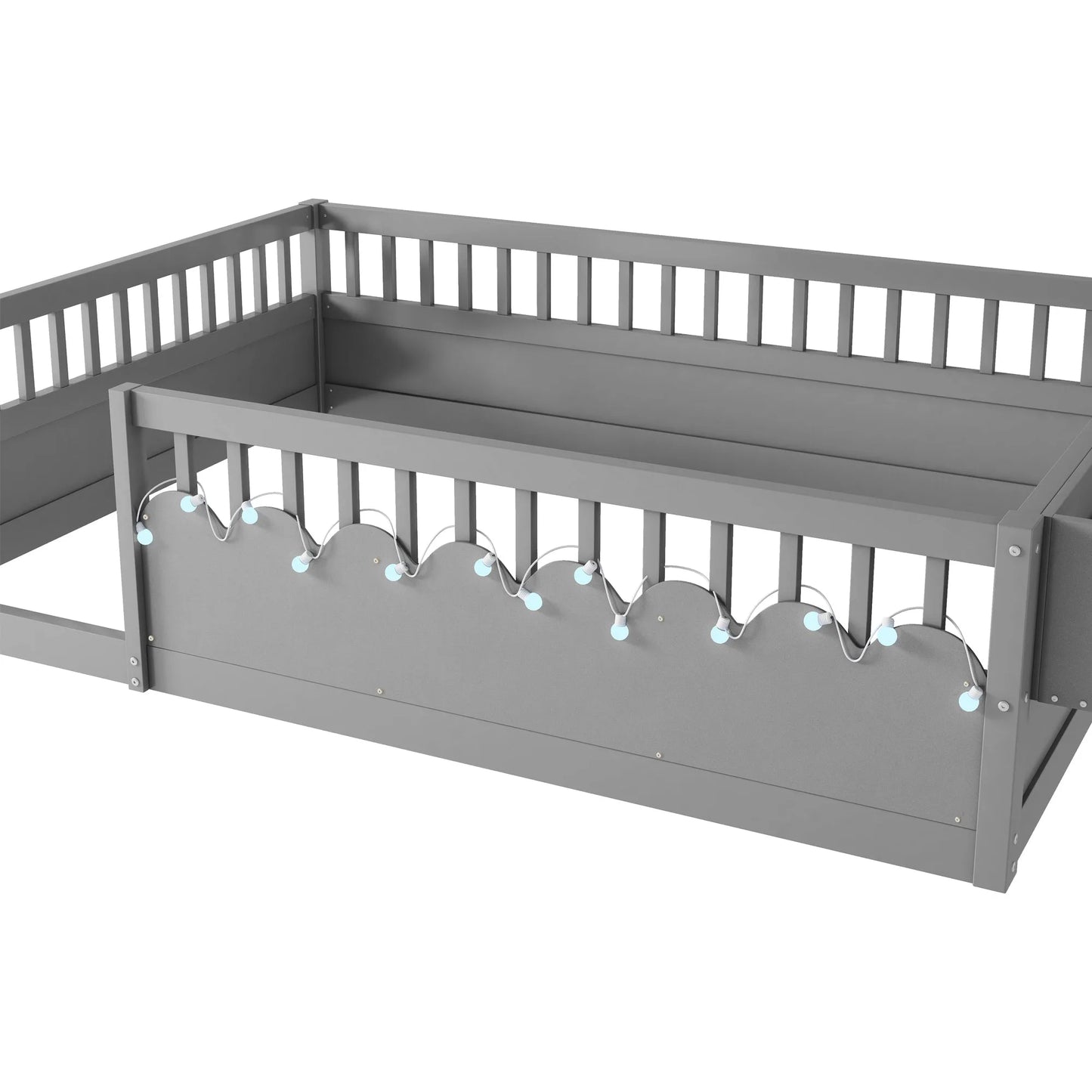 Full Montessori Floor Bed Frame with High Rails, Wood Kids Floor Beds with Light and Storage Shelf, Gray detail view 13