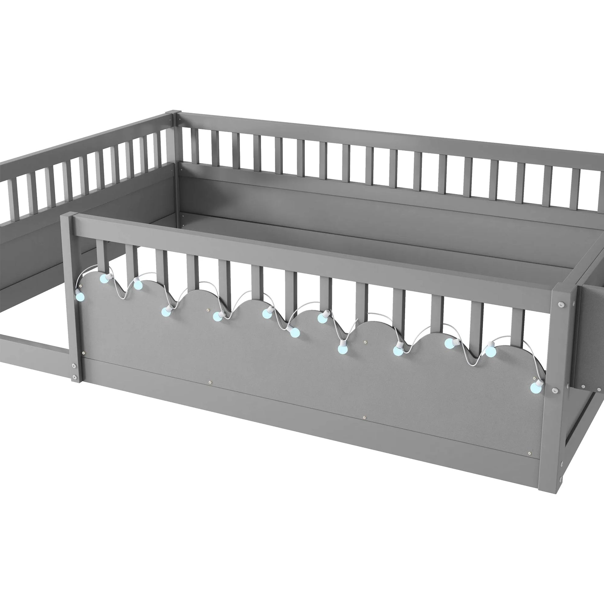 Full Montessori Floor Bed Frame with High Rails, Wood Kids Floor Beds with Light and Storage Shelf, Gray detail view 13