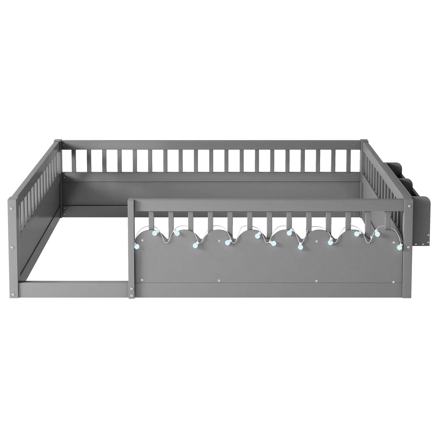 Full Montessori Floor Bed Frame with High Rails, Wood Kids Floor Beds with Light and Storage Shelf, Gray detail view 14