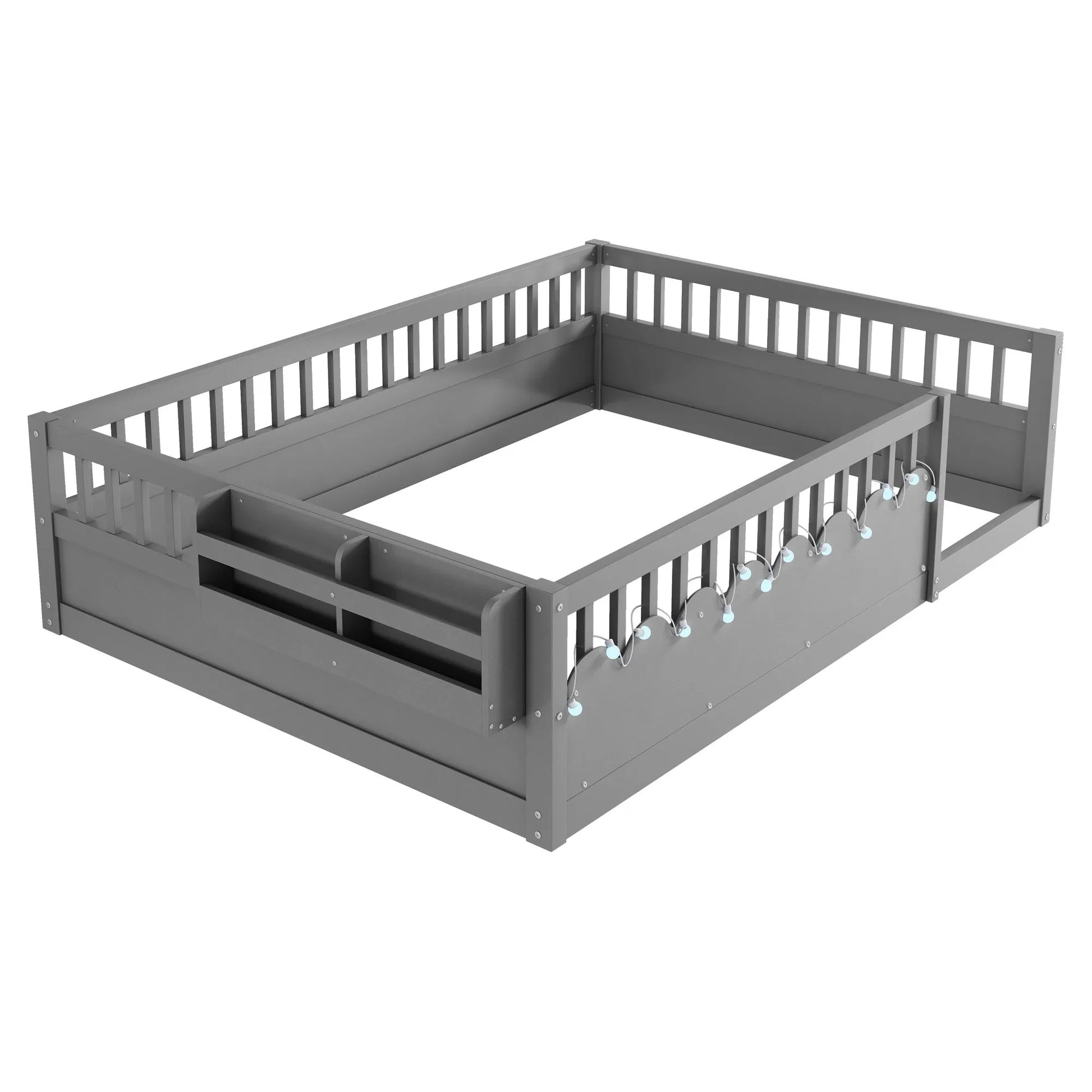 Full Montessori Floor Bed Frame with High Rails, Wood Kids Floor Beds with Light and Storage Shelf, Gray detail view 15