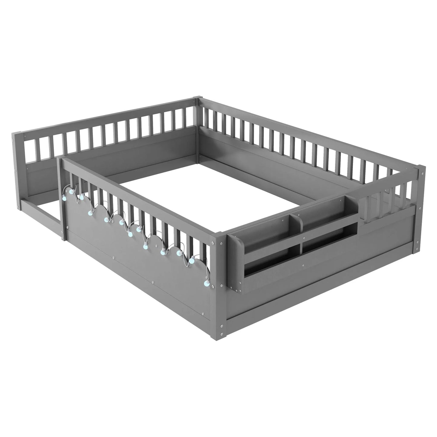 Full Montessori Floor Bed Frame with High Rails, Wood Kids Floor Beds with Light and Storage Shelf, Gray detail view 16