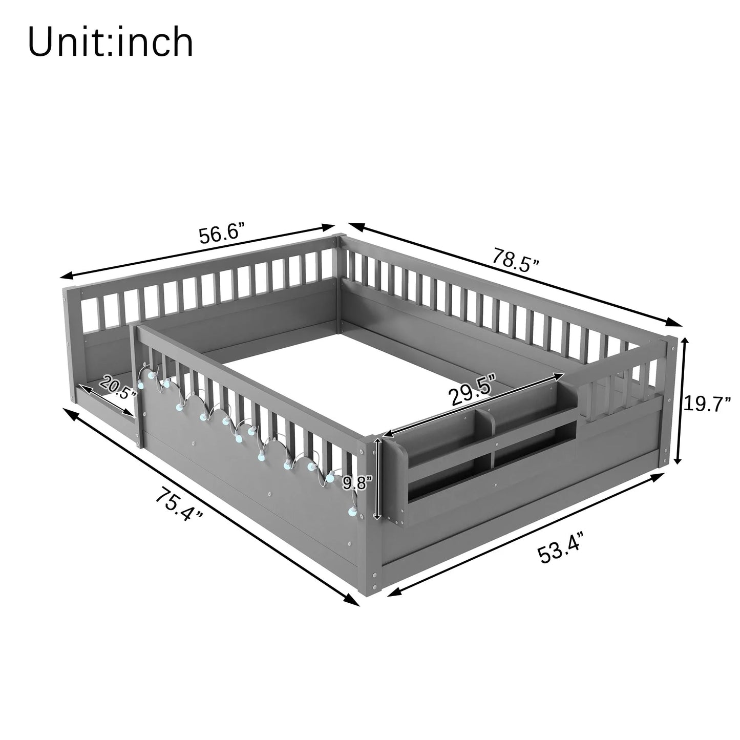 Full Montessori Floor Bed Frame with High Rails, Wood Kids Floor Beds with Light and Storage Shelf, Gray detail view 17