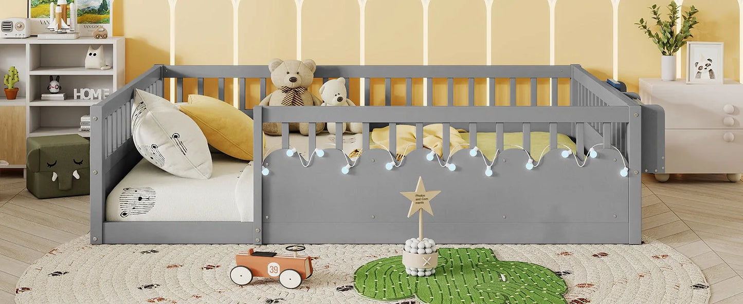 Full Montessori Floor Bed Frame with High Rails, Wood Kids Floor Beds with Light and Storage Shelf, Gray detail view 19