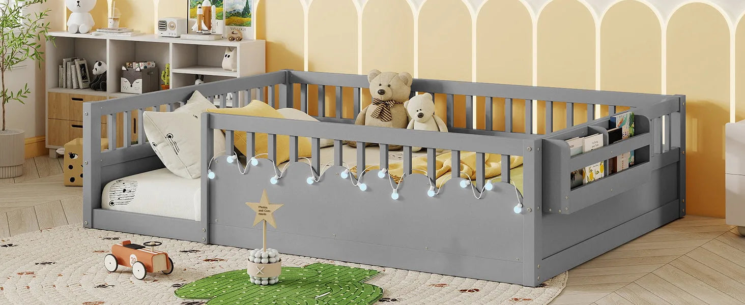 Full Montessori Floor Bed Frame with High Rails, Wood Kids Floor Beds with Light and Storage Shelf, Gray detail view 20