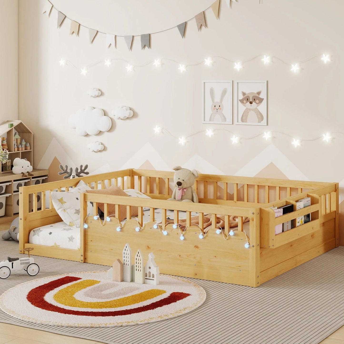Full Montessori Floor Bed Frame with High Rails, Wood Kids Floor Beds with Light and Storage Shelf, Gray detail view 21