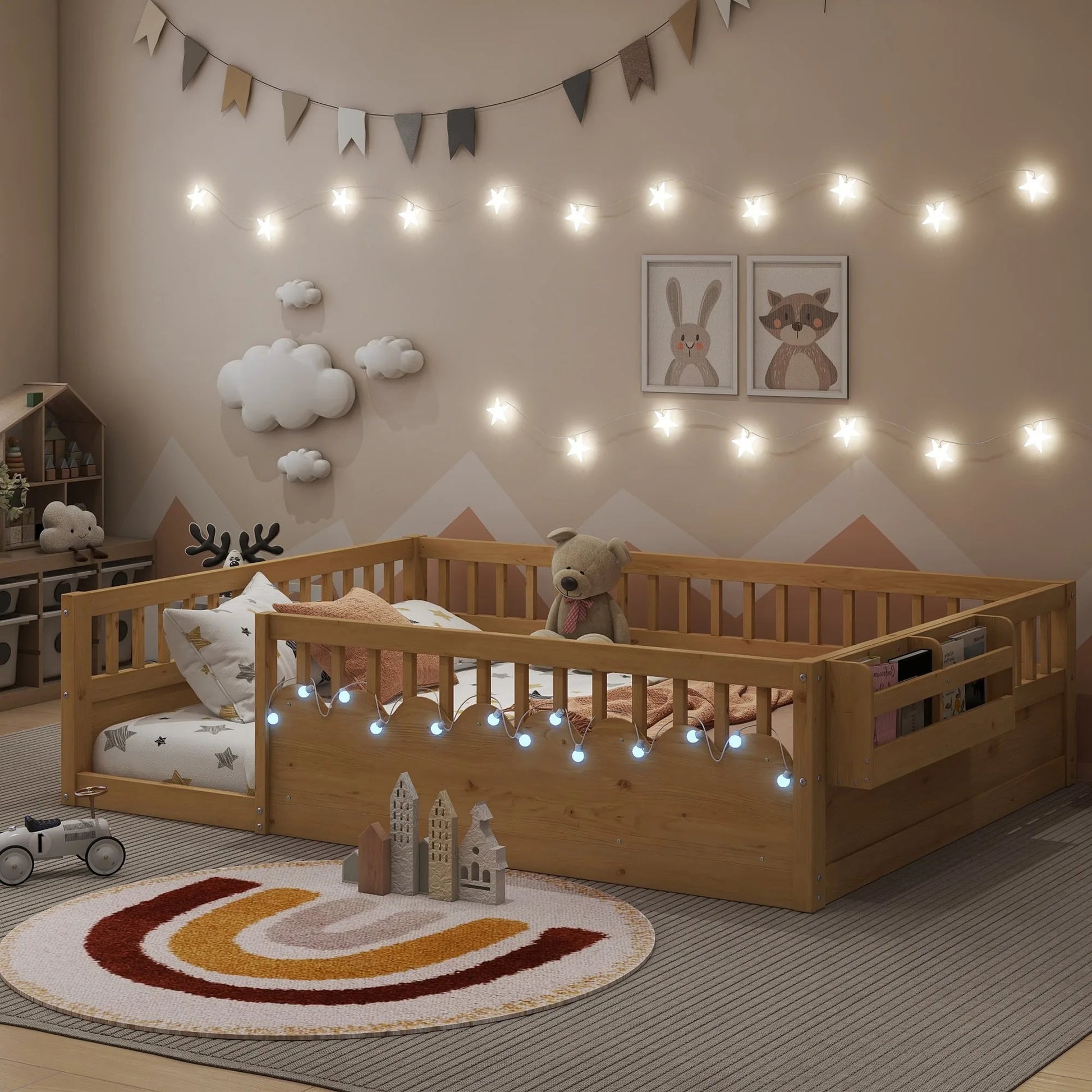 Full Montessori Floor Bed Frame with High Rails, Wood Kids Floor Beds with Light and Storage Shelf, Gray detail view 22