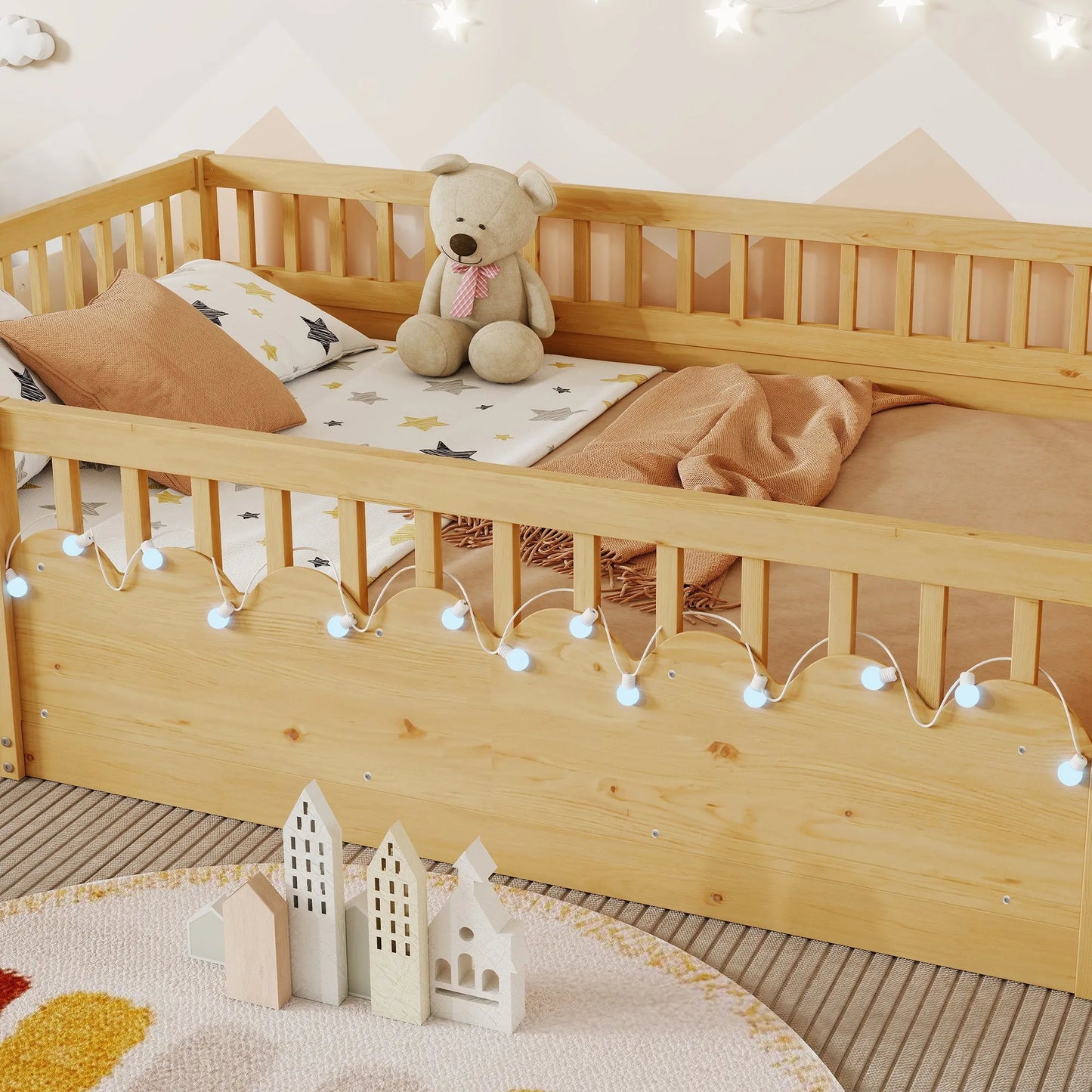 Full Montessori Floor Bed Frame with High Rails, Wood Kids Floor Beds with Light and Storage Shelf, Gray detail view 23