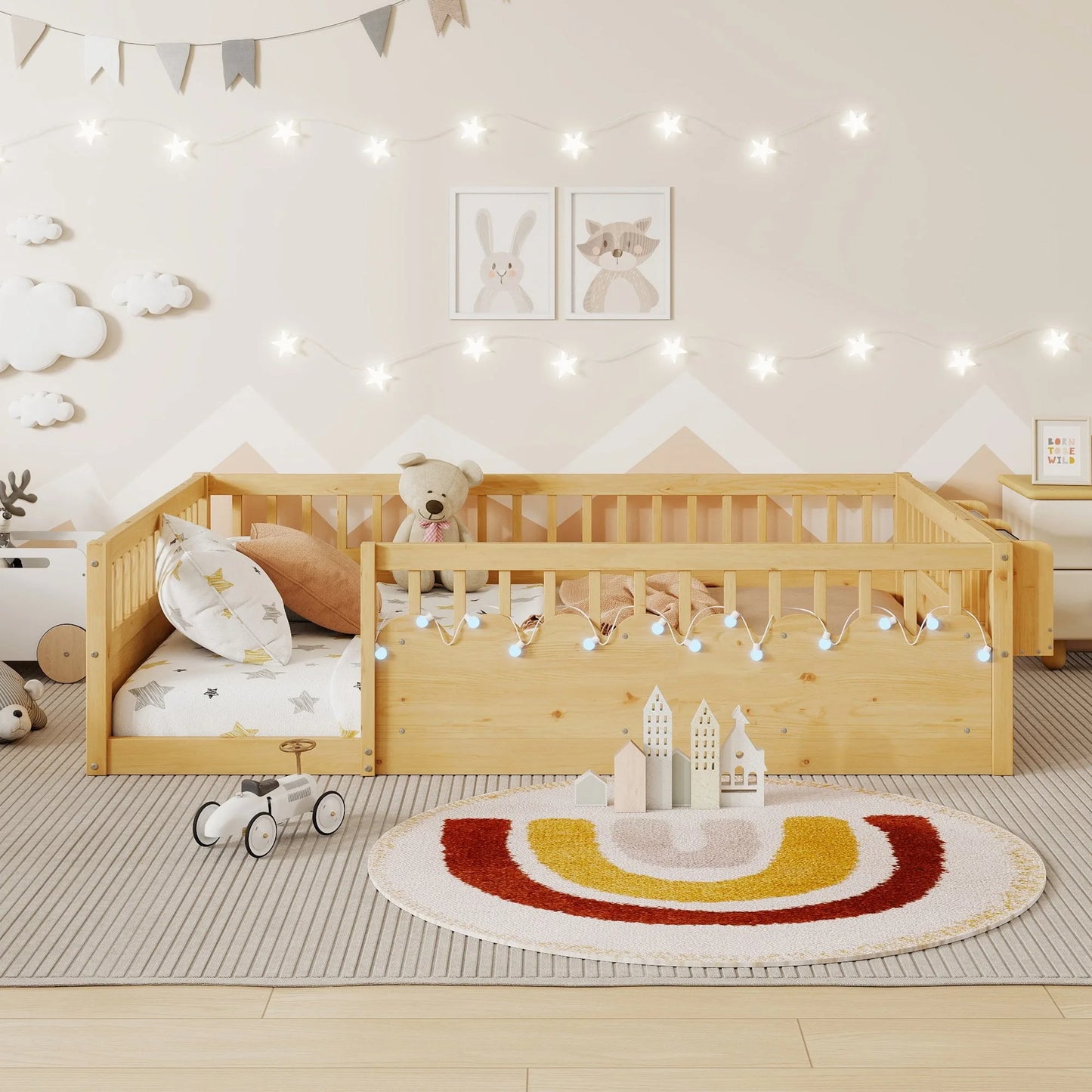 Full Montessori Floor Bed Frame with High Rails, Wood Kids Floor Beds with Light and Storage Shelf, Gray detail view 24