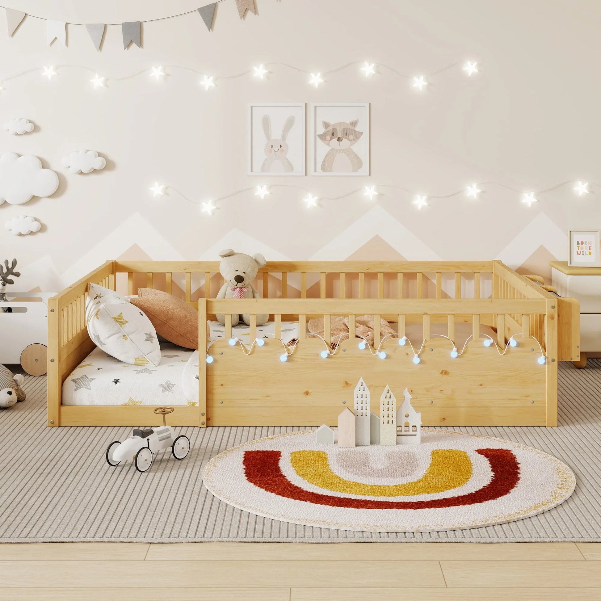 Full Montessori Floor Bed Frame with High Rails, Wood Kids Floor Beds with Light and Storage Shelf, Gray detail view 24