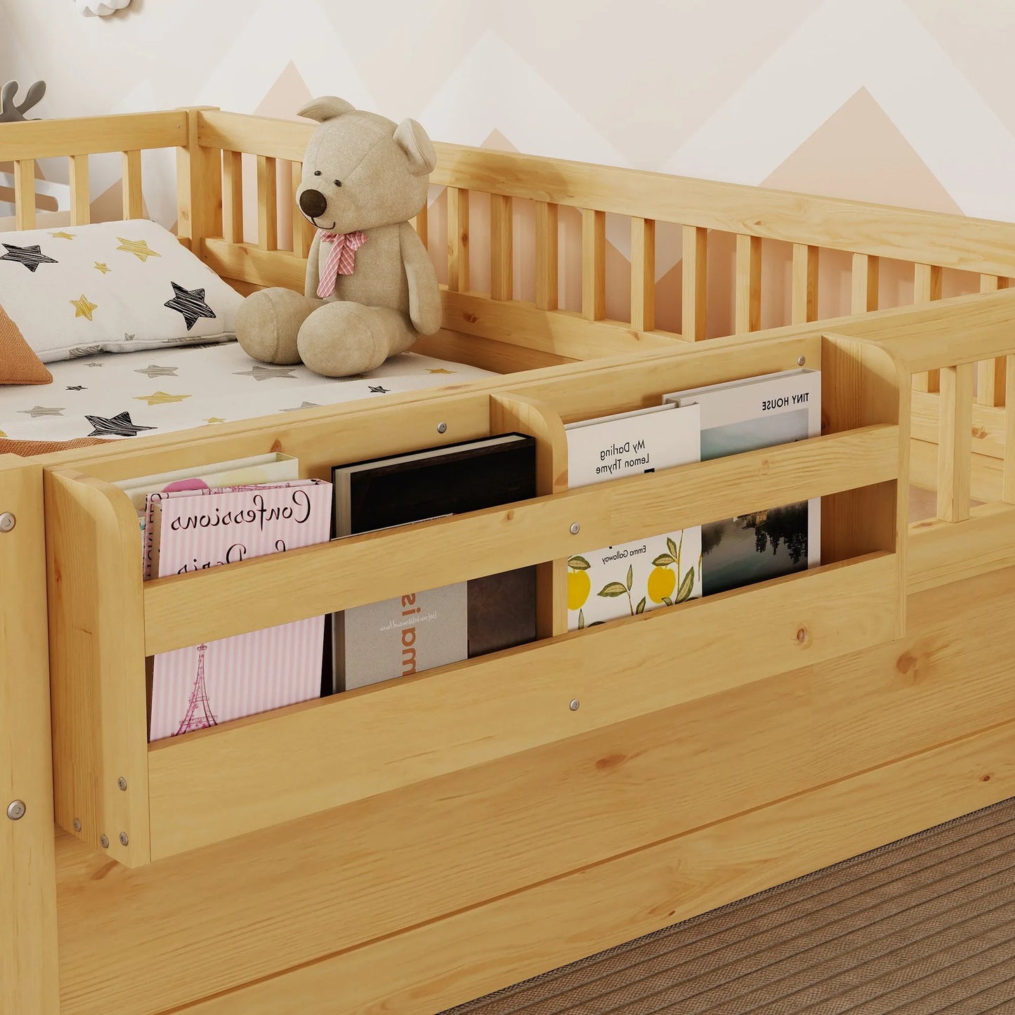 Full Montessori Floor Bed Frame with High Rails, Wood Kids Floor Beds with Light and Storage Shelf, Gray detail view 25