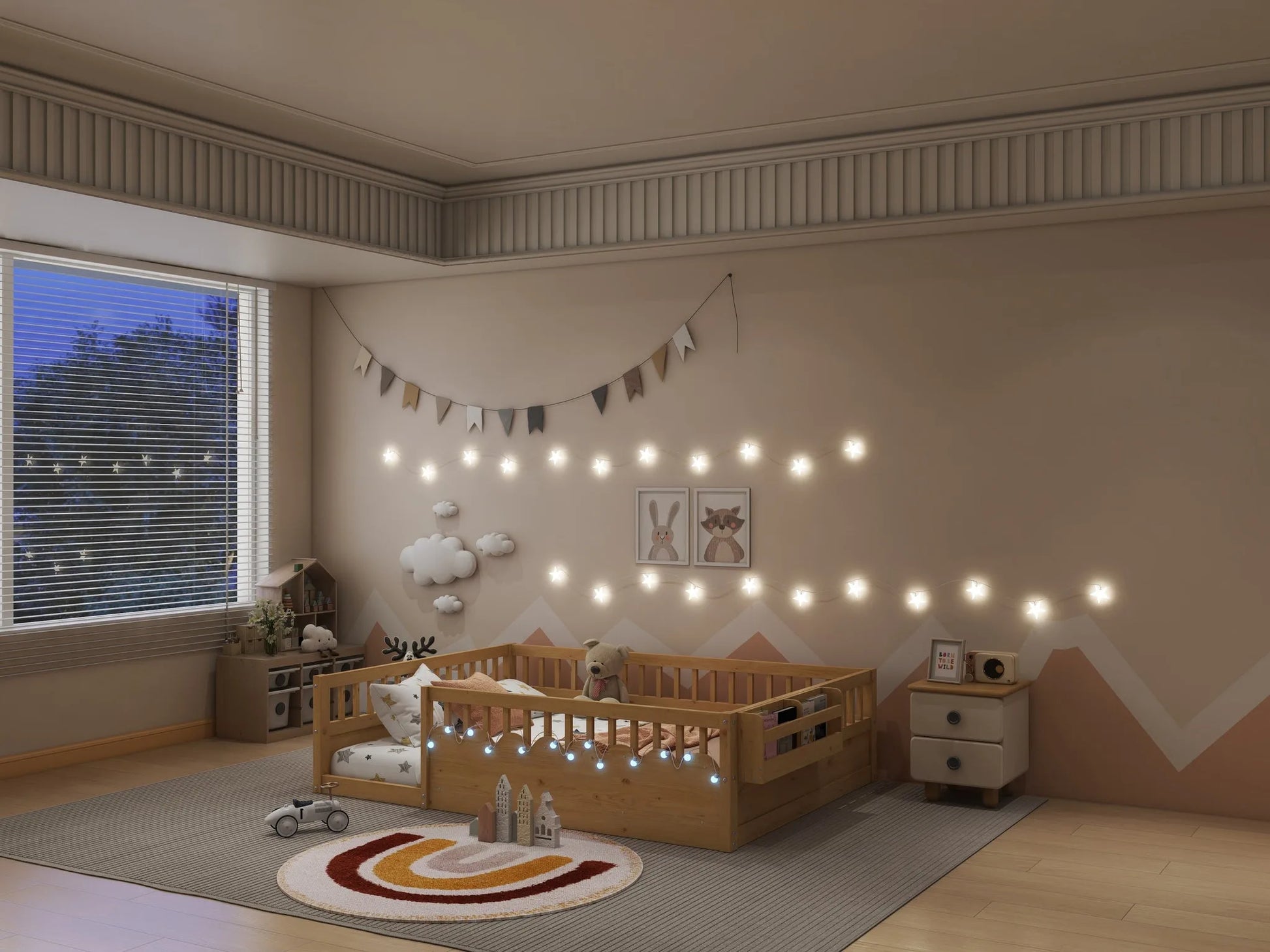 Full Montessori Floor Bed Frame with High Rails, Wood Kids Floor Beds with Light and Storage Shelf, Gray detail view 27