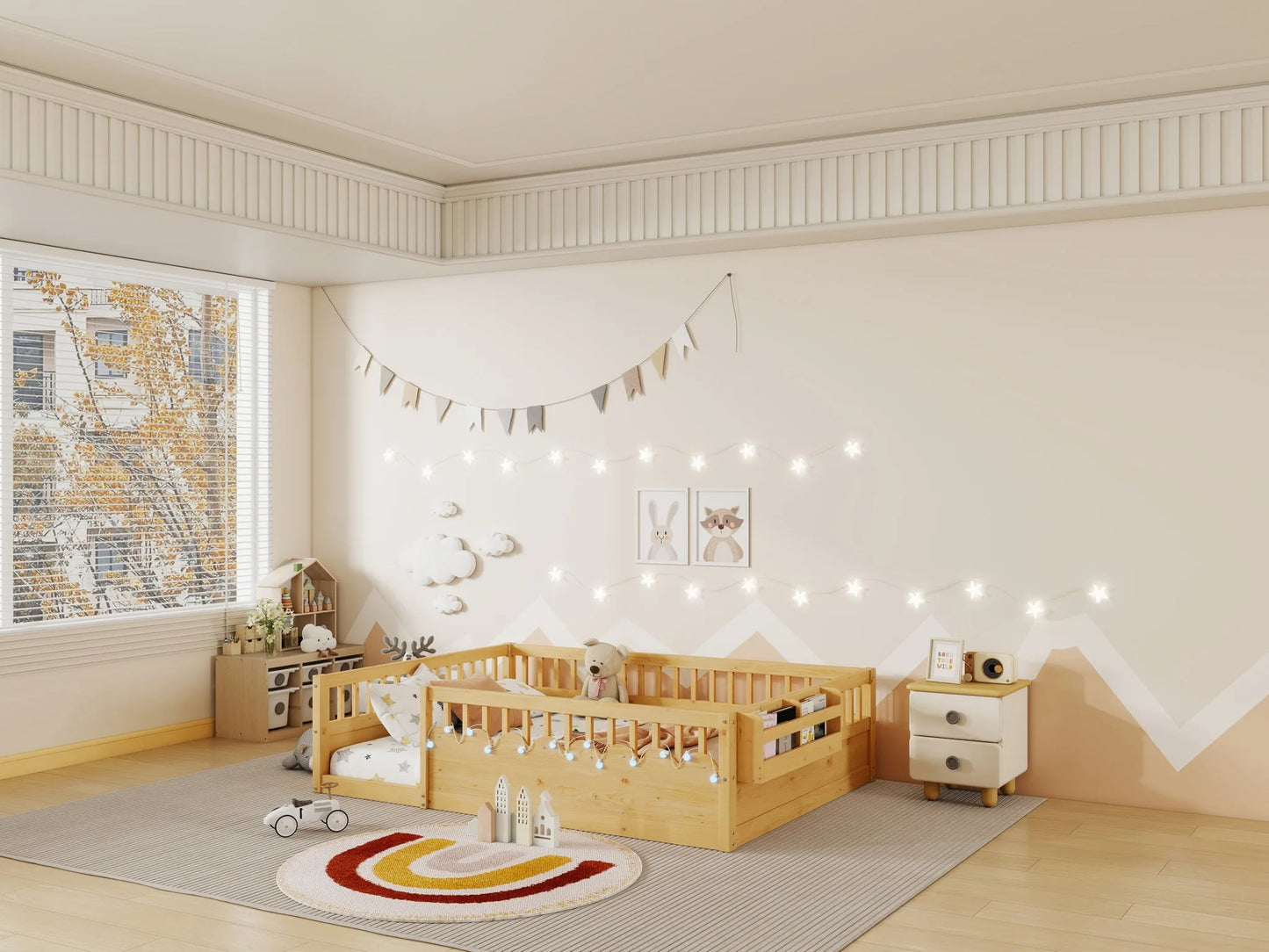 Full Montessori Floor Bed Frame with High Rails, Wood Kids Floor Beds with Light and Storage Shelf, Gray detail view 28