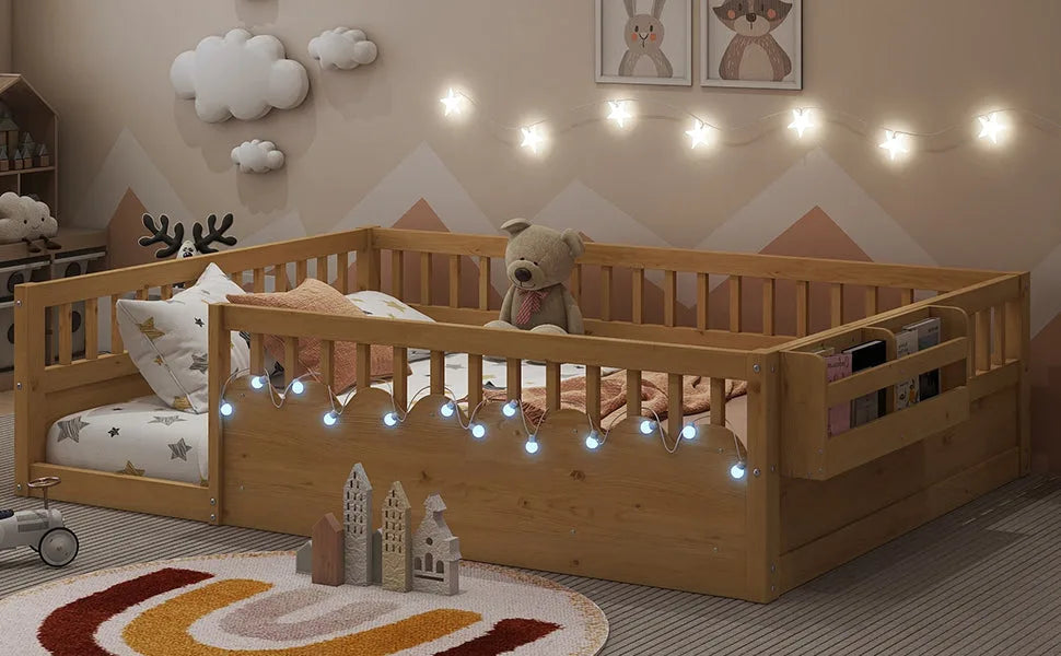 Full Montessori Floor Bed Frame with High Rails, Wood Kids Floor Beds with Light and Storage Shelf, Gray detail view 29